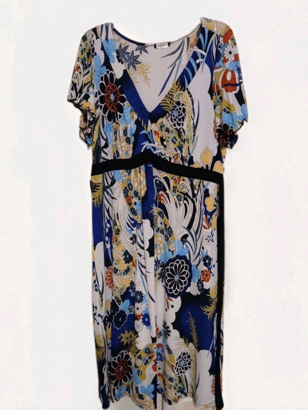 Eyeshadow Women's Plus Size 3X Floral Print Empire Waist Midi Dress Blue White